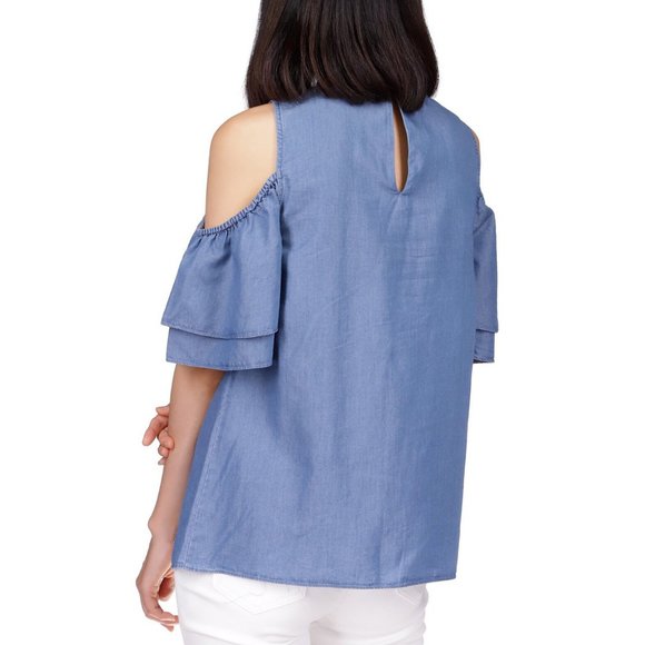 Michael Kors Womens Cold Shoulder Ruffled Keyhole Button Back Top Size XS Blue - Picture 10 of 10
